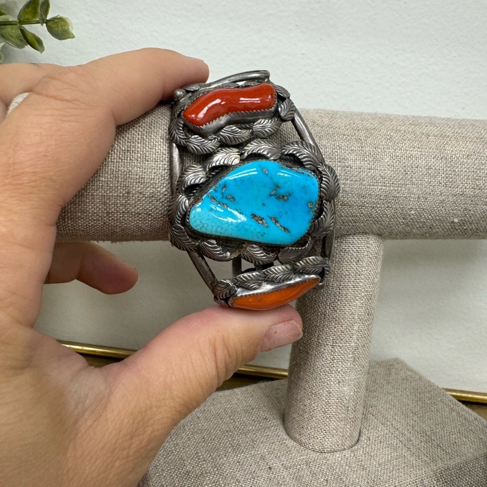 Monroe Ashley Navajo Sterling silver turquoise and coral cuff bracelet 54.6g